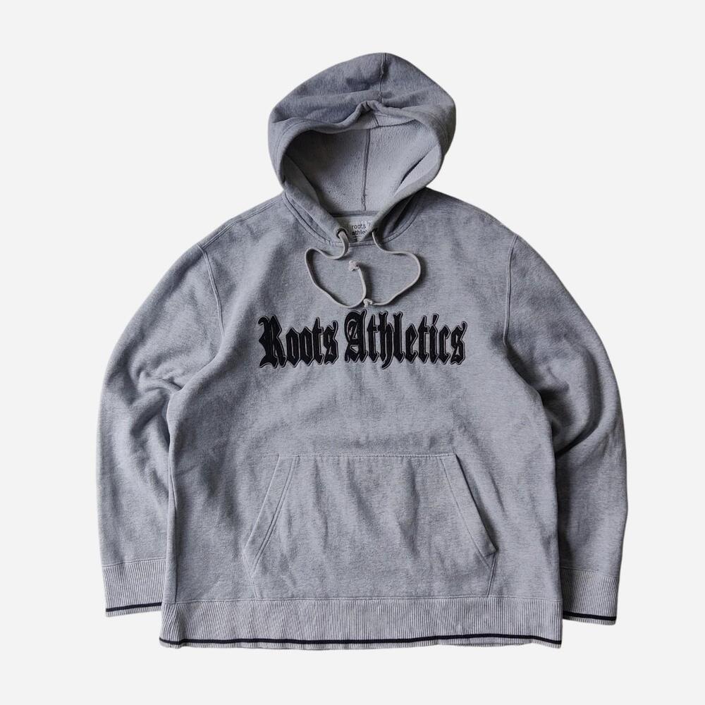 Y2K Roots Athletics Gray hoodie with black 'Roots Athletics' text